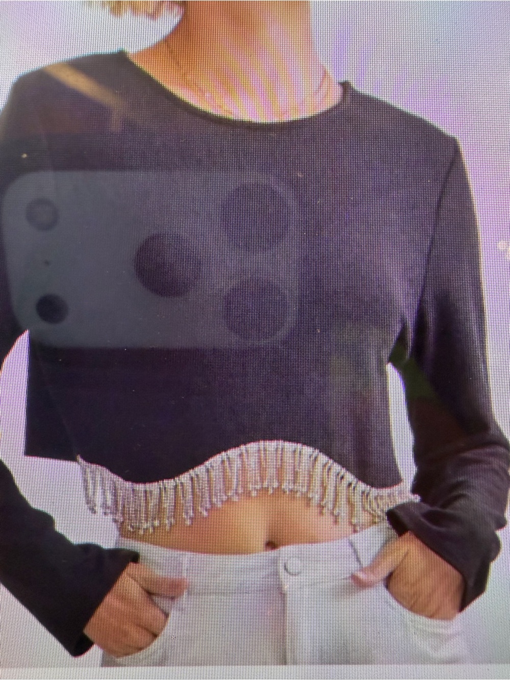 NWOT Hana Long Sleeve Cropped Black Top with Crystal Fringe